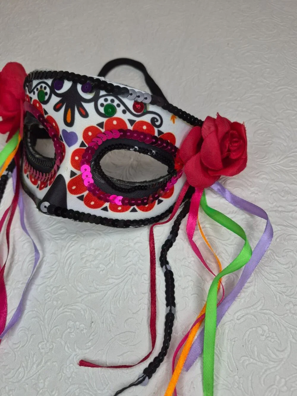 Adult Sequin Floral Halloween Masquerade Costume Mask Red Black Pink Streamers
